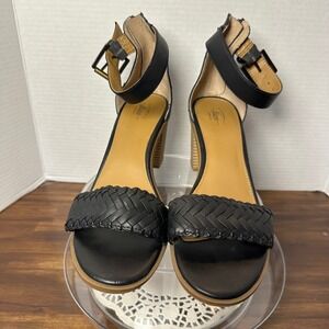 GH Bass Perri Black Woven Block Heel Ankle Strap Sandals 9M 2074-3500-001